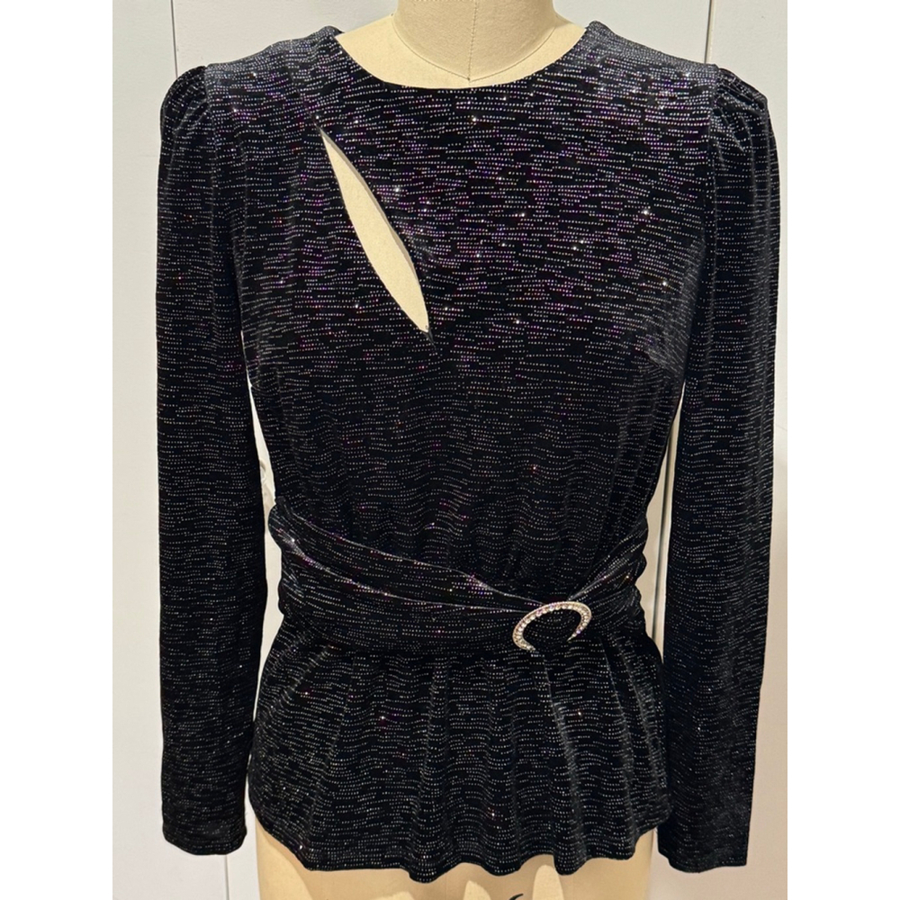 Women's Boston Proper Black Silver Sparkle peplum rhinestone buckle Blouse S